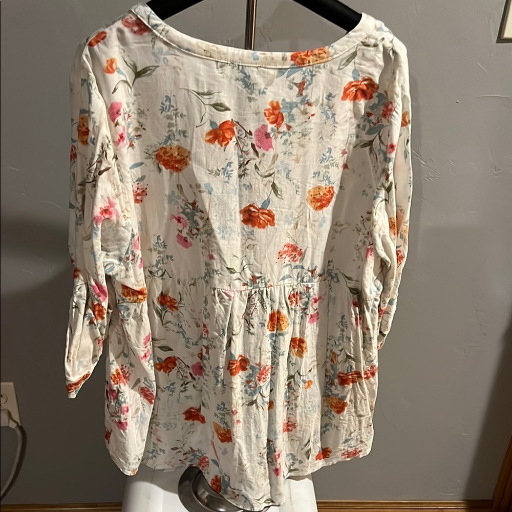 Jones New York Floral Button-Up Blouse - White, Teal  and Orange (96) - Picture 2 of 3